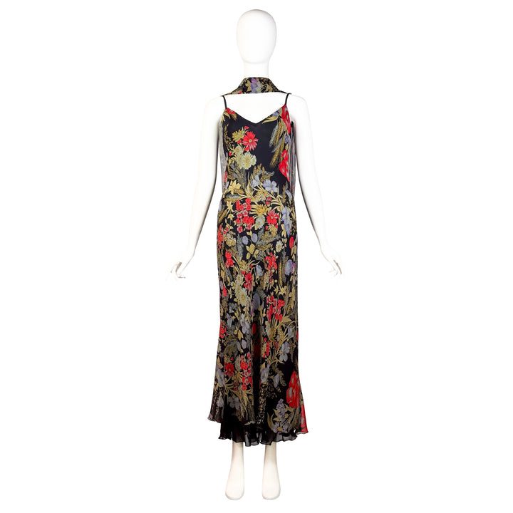 VINTAGE ANNA MOLINARI FOR BLUMARINE 1990'S BLACK RED & GREEN FLORAL SLIP DRESS