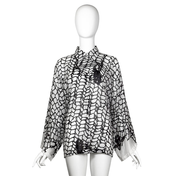 VINTAGE ANN DEMEULEMEESTER SS 2001 WHITE & BLACK NET PRINT SHIRT