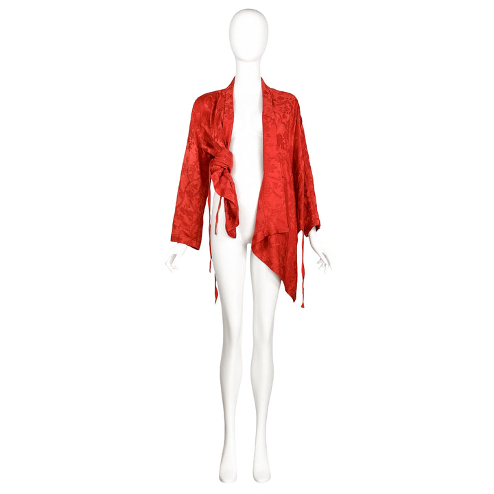 VINTAGE ANN DEMEULEMEESTER SS 2009 RED ORANGE SATIN EMBROIDERED DRAPE JACKET