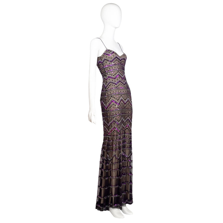 VINTAGE BADGLEY MISCHKA 1990'S VIOLET NUDE & BLACK BEADED GOWN