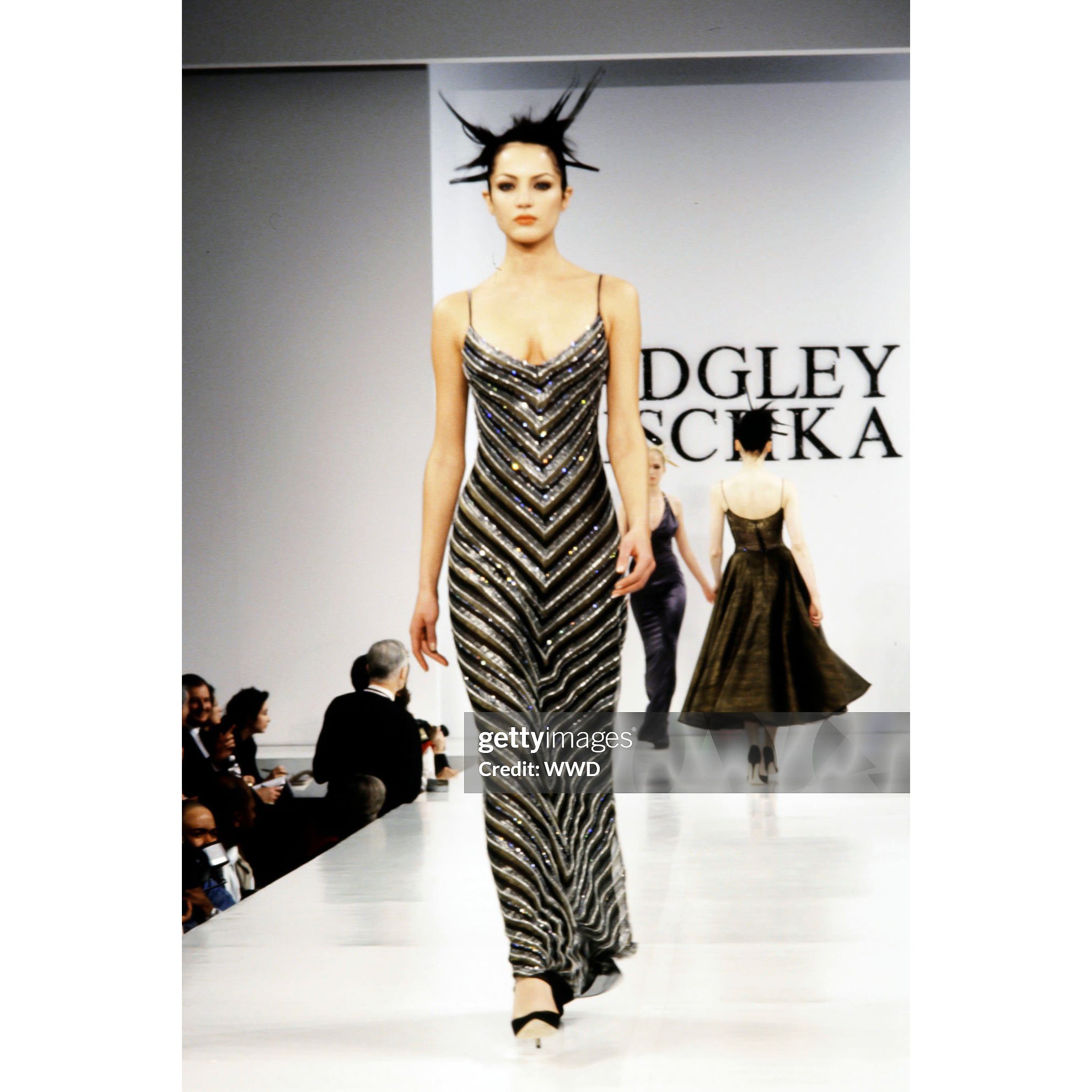 VINTAGE BADGLEY MISCHKA AW 1995 METALLIC CRYSTAL CHEVRON GOWN