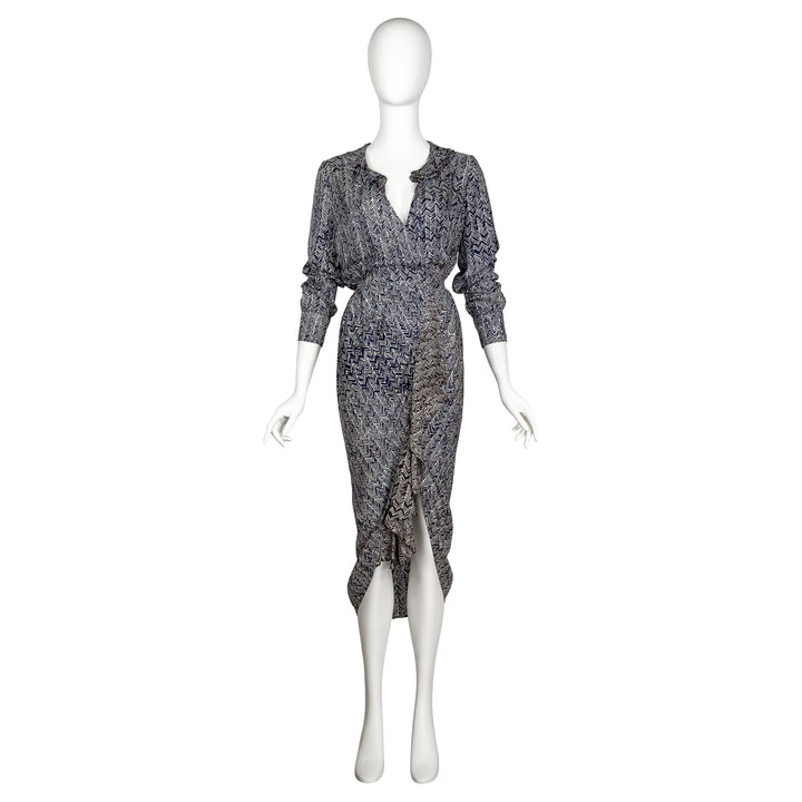 VINTAGE NICOLAS GHESQUIÈRE FOR BALENCIAGA RESORT 2012 BLUE & WHITE CHEVRON PRINT WRAP DRESS