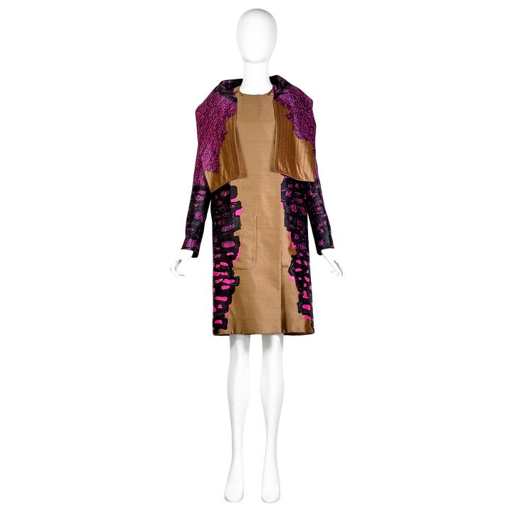 VINTAGE NICOLAS GHESQUIÈRE FOR BALENCIAGA RESORT 2012 BRONZE & HOT PINK ABSTRACT PRINT COAT