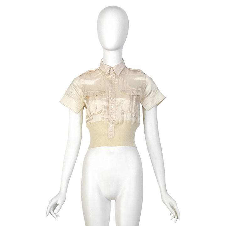 VINTAGE NICOLAS GHESQUIÈRE FOR BALENCIAGA SS 2003 IVORY SATIN & KNIT POLO TOP