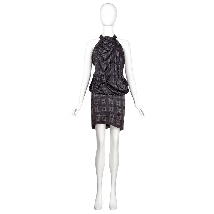VINTAGE NICOLAS GHESQUIÈRE FOR BALENCIAGA SS 2007 GREY & BLACK SQUARE PRINT HALTER DRESS