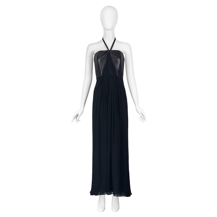 VINTAGE BILL BLASS BLACK LEATHER & CHIFFON HALTERNECK GOWN