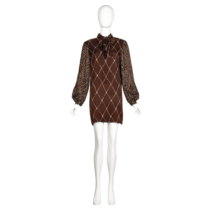 VINTAGE BILL BLASS 1980'S CHOCOLATE BROWN RHOMBUS BOW NECK DRESS