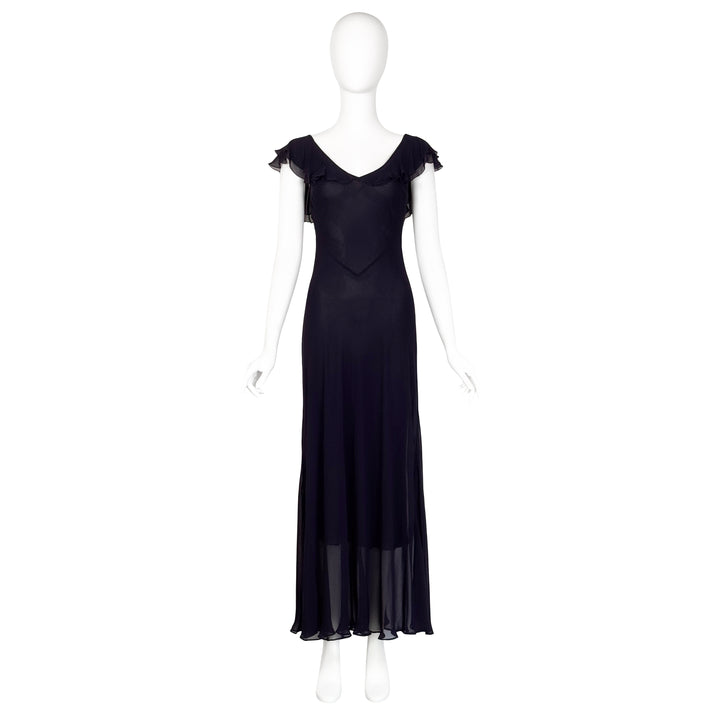 VINTAGE ANNA MOLINARI FOR BLUMARINE SS 1997 NAVY CHIFFON BIAS CUT RUFFLE SLEEVE GOWN