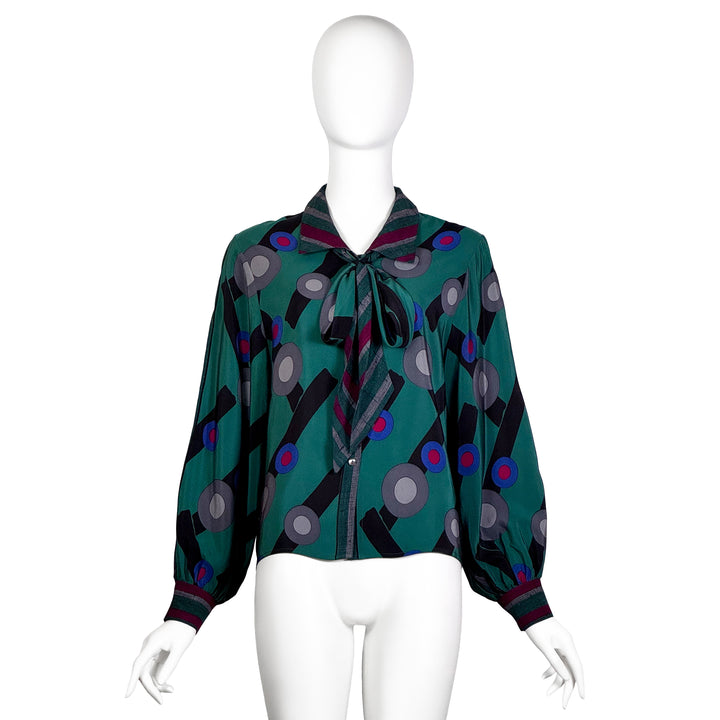 VINTAGE KARL LAGERFELD FOR CHLOÉ 1970'S / 1980'S GREEN DECO PRINT BOW BLOUSE