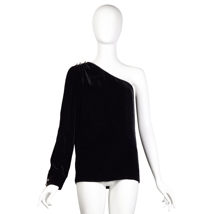 VINTAGE HANNAH MACGIBBON FOR CHLOÉ AW 2009 BLACK VELVET ASYMMETRICAL SLEEVE BLOUSE