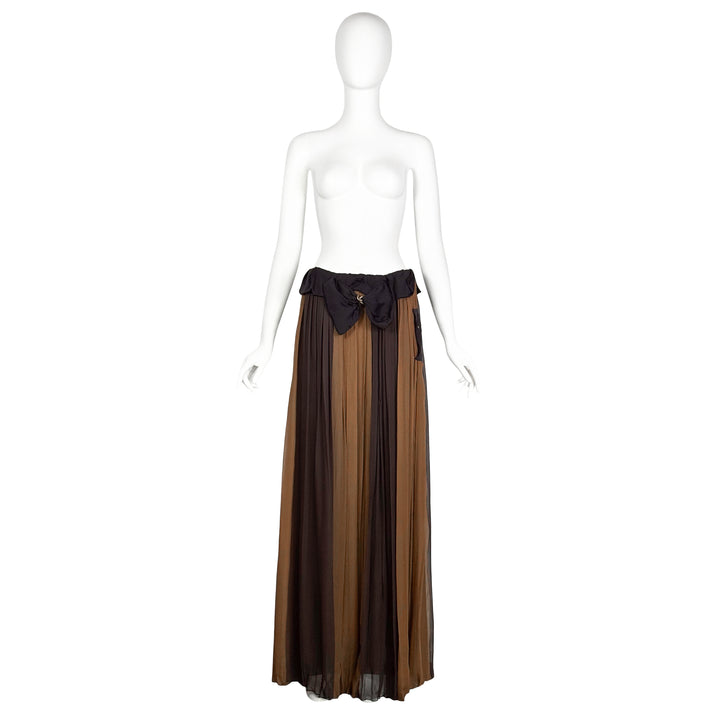 VINTAGE HANNAH MACGIBBON FOR CHLOÉ AW 2009 BROWN & CAMEL STRIPE CHIFFON MAXI SKIRT