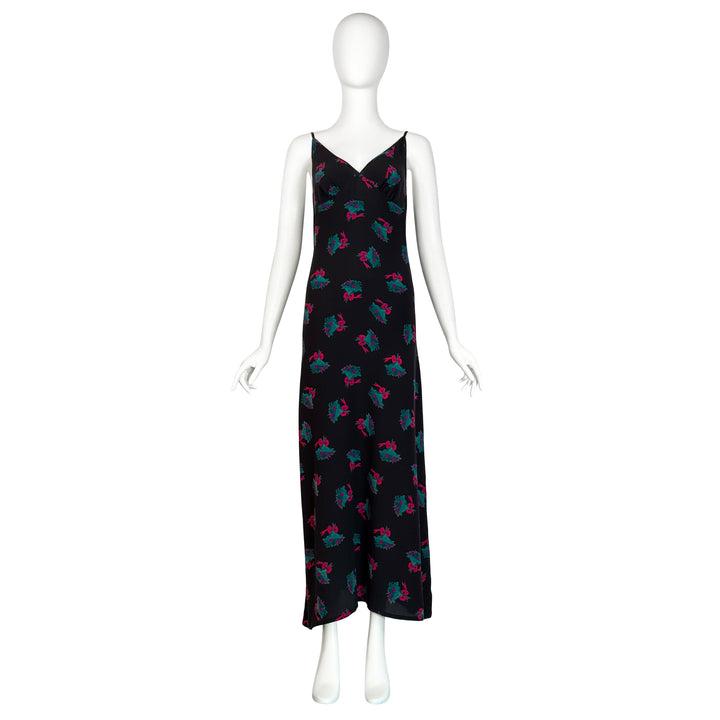 VINTAGE KARL LAGERFELD FOR CHLOÉ 1970'S BLACK FLORAL PRINT SLIP DRESS ENSEMBLE