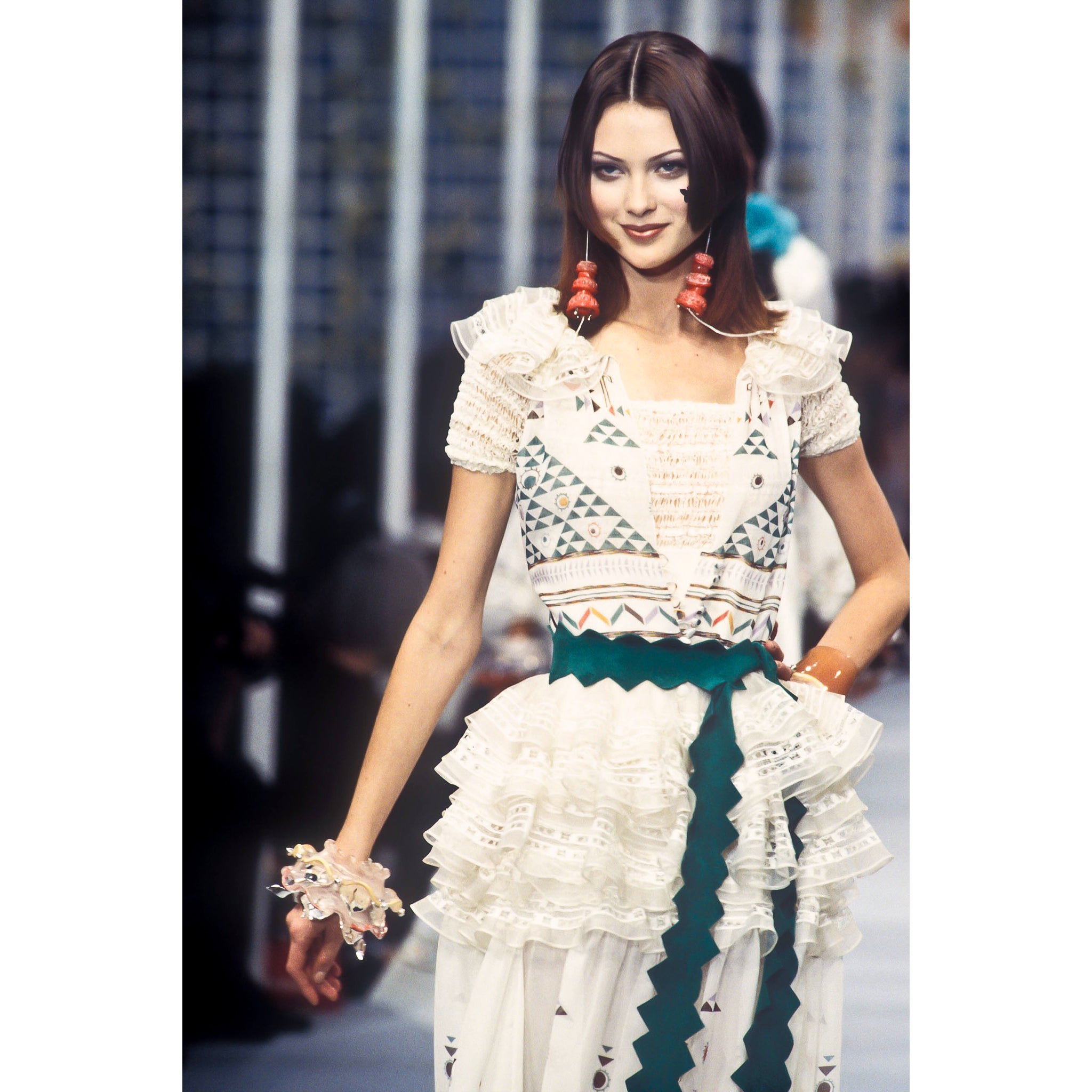 VINTAGE KARL LAGERFELD FOR CHLOÉ SS 1993 IVORY LACE DECO PRINT DRESS
