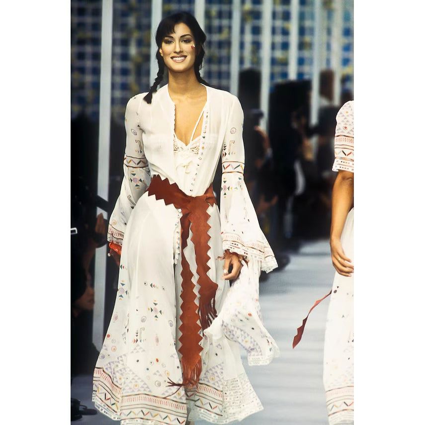 VINTAGE KARL LAGERFELD FOR CHLO SS 1993 IVORY LACE DECO PRINT DRESS
