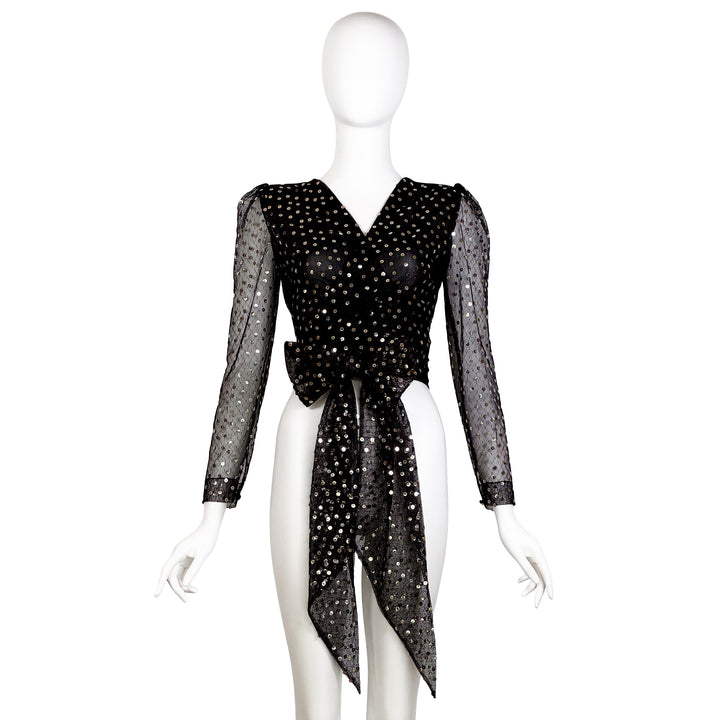 VINTAGE CHRISTIAN DIOR 1970'S GOLD & BLACK POLKA DOT TULLE BLOUSE