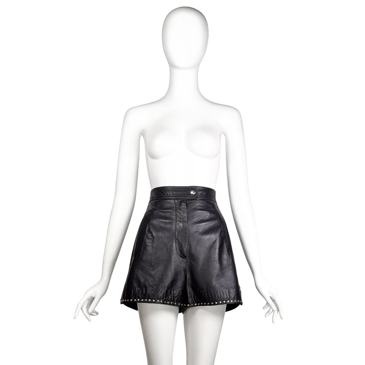 VINTAGE CLAUDE MONTANA 1990'S BLACK LEATHER STUDDED SHORTS