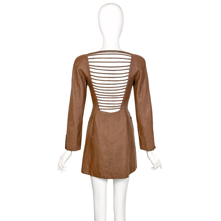 VINTAGE CLAUDE MONTANA SS 1990 BROWN LINEN OPEN BACK DETAIL JACKET