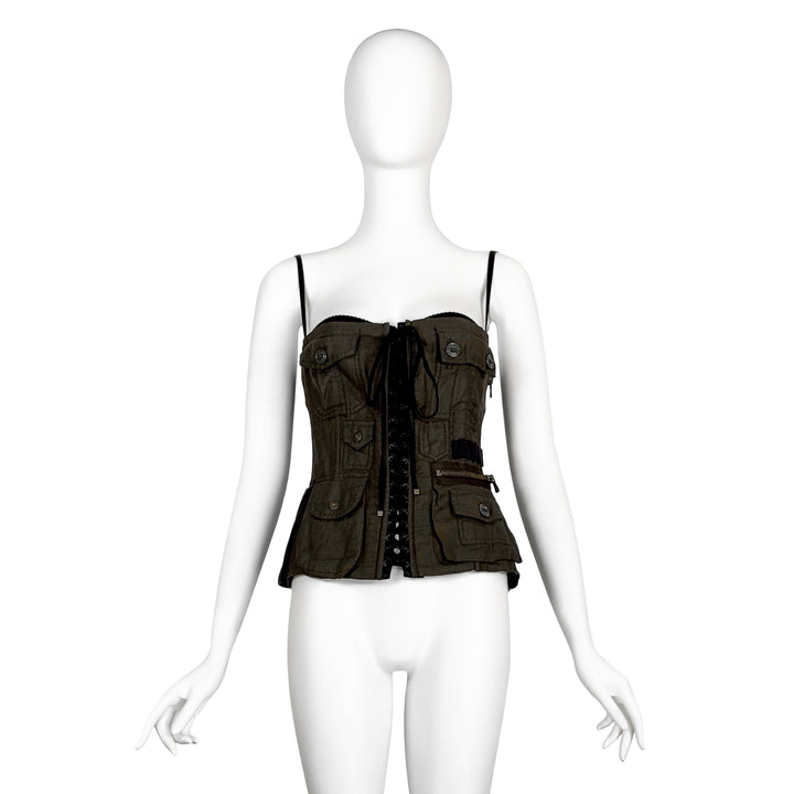 VINTAGE DOLCE & GABBANA 2000'S ARMY GREEN & BLACK MILITARY CORSET BUSTIER TOP