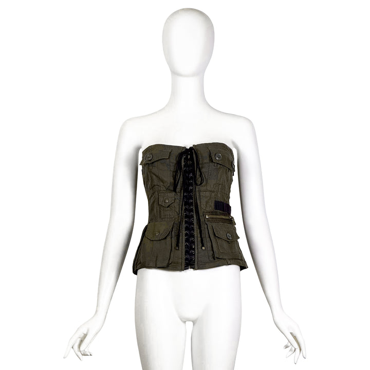 VINTAGE DOLCE & GABBANA 2000'S STRAPLESS ARMY GREEN & BLACK MILITARY CORSET BUSTIER TOP