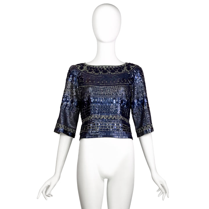 VINTAGE DRIES VAN NOTEN AW 2007 SAPPHIRE & SAGE SEQUIN BOATNECK TOP