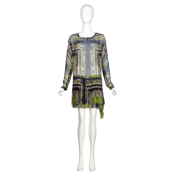 VINTAGE DRIES VAN NOTEN AW 2008 GREEN MARBLE SCARF PRINT CHIFFON DRESS