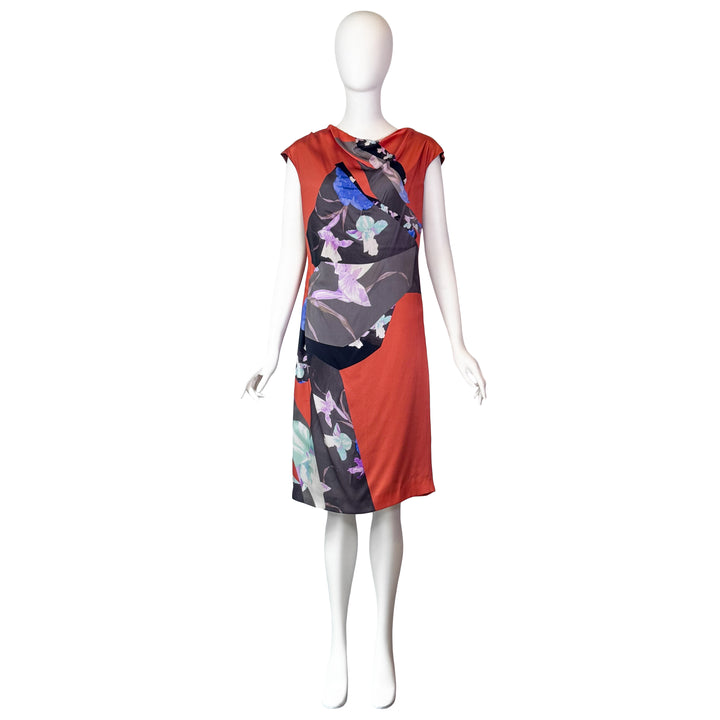 VINTAGE DRIES VAN NOTEN AW 2009 CORAL SATIN ABSTRACT FLORAL PRINT DRESS