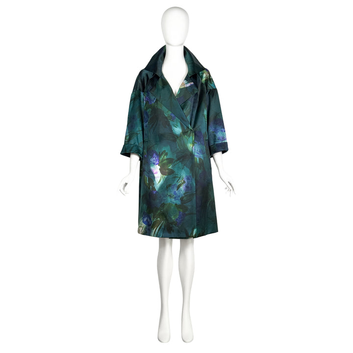 VINTAGE DRIES VAN NOTEN AW 2010 TEAL BOTANICAL WATERCOLOR COAT