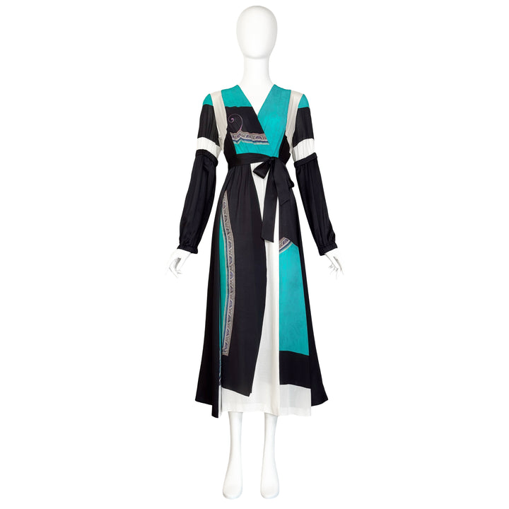 VINTAGE DRIES VAN NOTEN AW 2012 BLACK & TURQUOISE CHINESE PRINT MAXI DRESS
