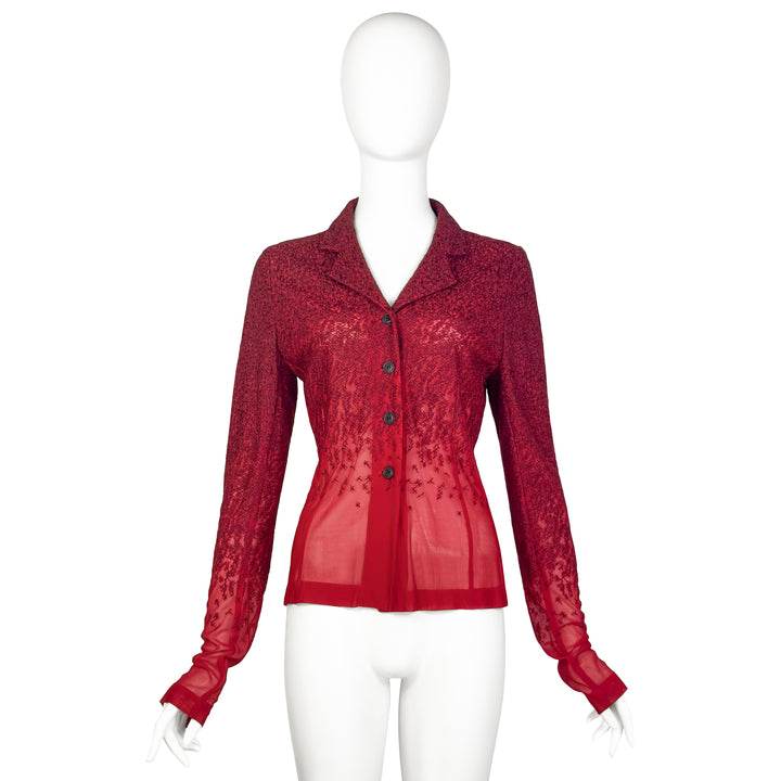 VINTAGE DRIES VAN NOTEN  SS 1999 RED EMBROIDERED LONG SLEEVE BLOUSE