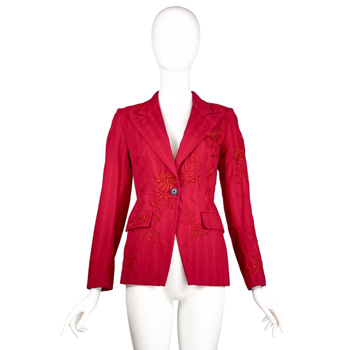 VINTAGE DRIES VAN NOTEN SS 1999 RED FUCHSIA & ORANGE FLORAL EMBROIDERED BLAZER