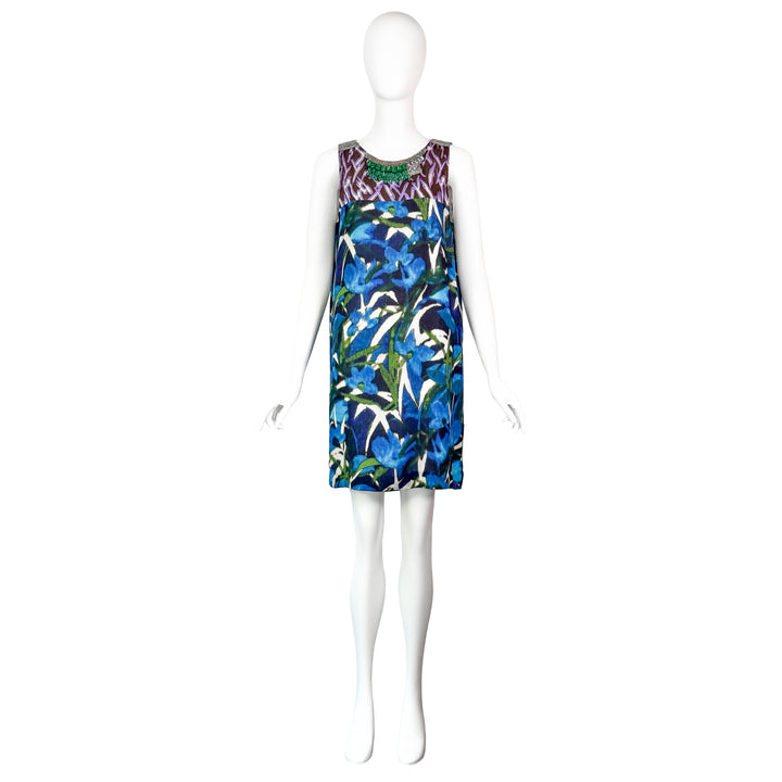 VINTAGE DRIES VAN NOTEN SS 2008 BLUE & PURPLE MULTI-FLORAL PRINT JEWEL NECK DRESS