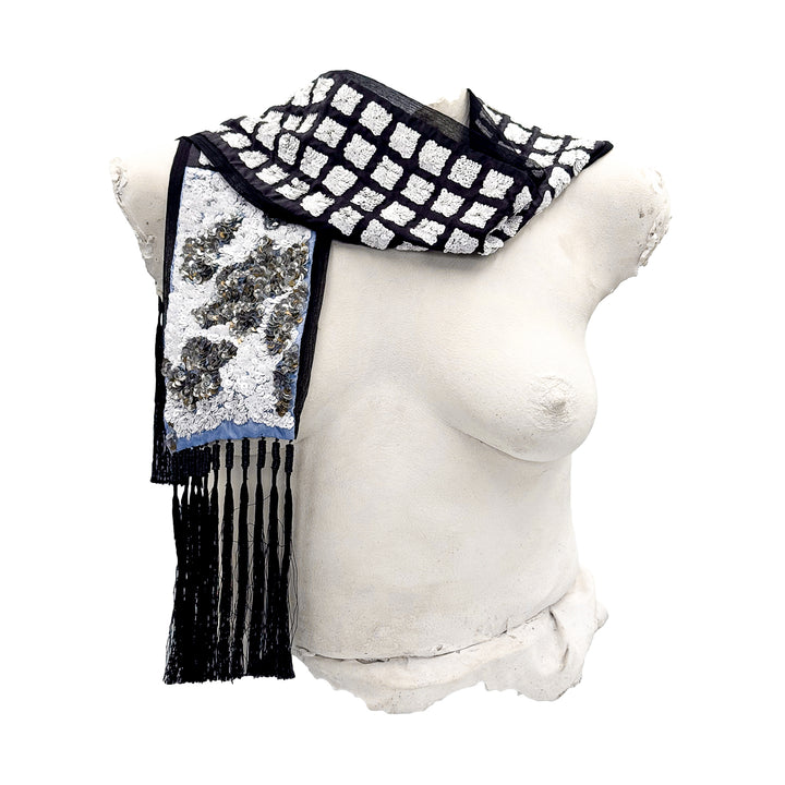 VINTAGE DRIES VAN NOTEN SS 2009 BLACK & WHITE CHECK SEQUIN SCARF