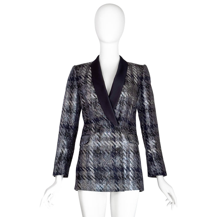 VINTAGE DRIES VAN NOTEN SS 2013 NAVY & SILVER HOUNDSTOOTH DOUBLE BREASTED BLAZER
