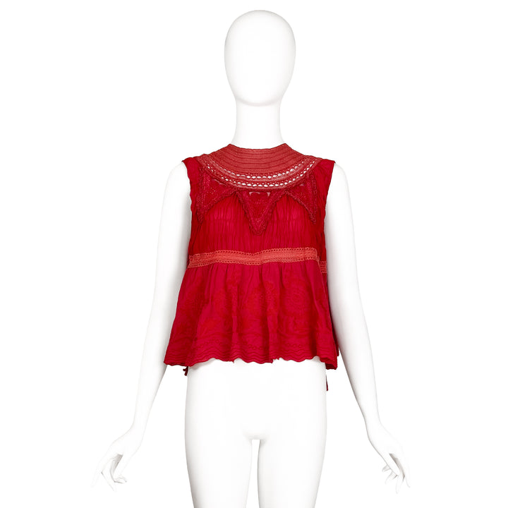 VINTAGE DRIES VAN NOTEN SS 2014 RED BEADED & EMBROIDERED TIE BACK TOP