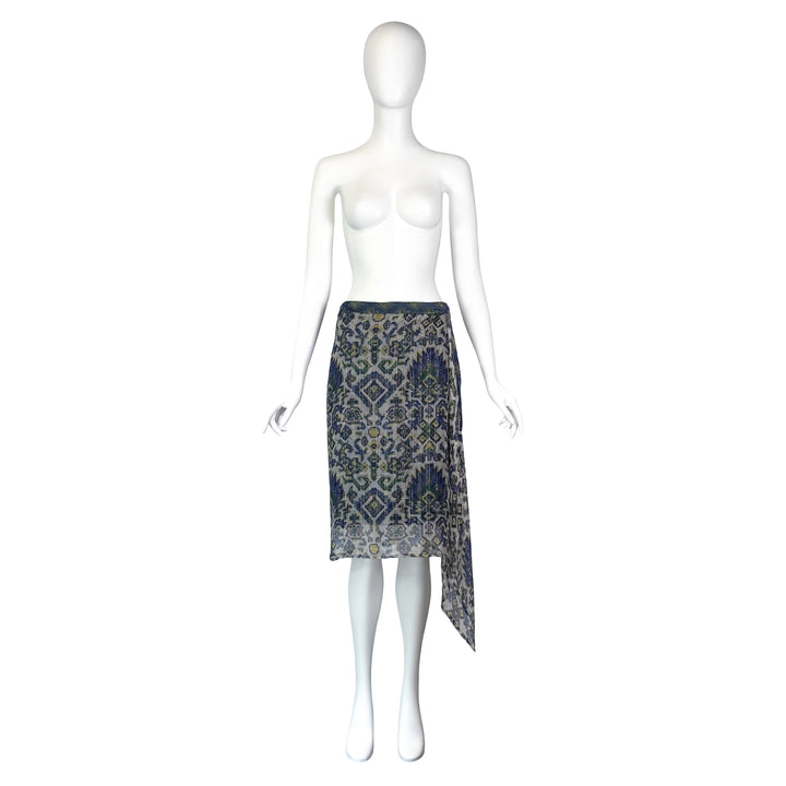 VINTAGE DRIES VAN NOTEN SS 2015 BLUE & GREEN METALLIC PRINT SKIRT