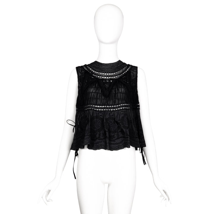 VINTAGE DRIES VAN NOTEN SS 2014 BLACK BEADED & EMBROIDERED TIE BACK TOP