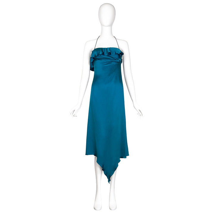VINTAGE EMANUEL UNGARO AW 2000 TEAL RUFFLE HALTER DRESS