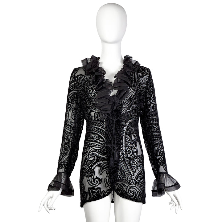 VINTAGE EMANUEL UNGARO BLACK DEVORÉ VELVET RUFFLE LAPEL JACKET