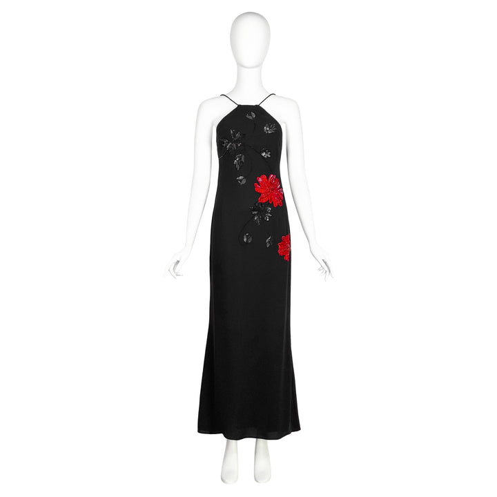 VINTAGE EMANUEL UNGARO BLACK & RED FLORAL JEWELED HALTER GOWN