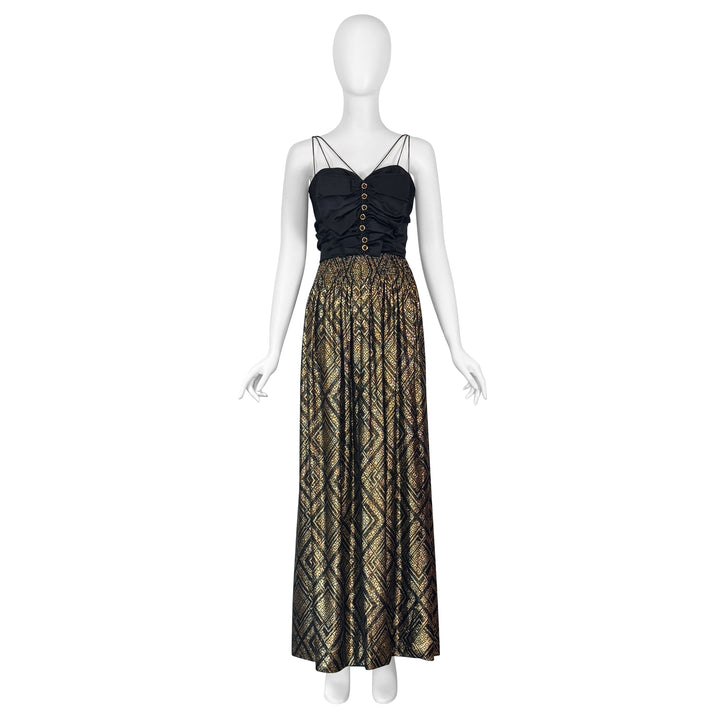 VINTAGE GALANOS BLACK SATIN & GOLD LAME CHECK GOWN