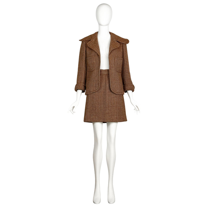 VINTAGE GEOFFREY BEENE 1970S BROWN TWEED SKIRT SUIT