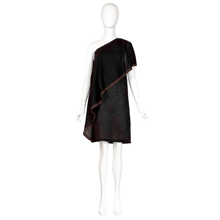 VINTAGE GIANNI VERSACE 1980'S BLACK & BROWN TRIM RUFFLE LINEN DRESS