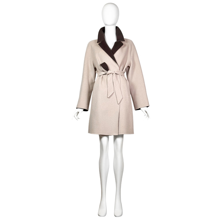 VINTAGE GIORGIO ARMANI BEIGE & BROWN WOOL & CASHMERE BELTED WRAP COAT