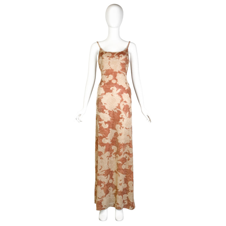 VINTAGE GIORGIO ARMANI 1990'S METALLIC BRONZE & CREAM FLORAL SLIP DRESS