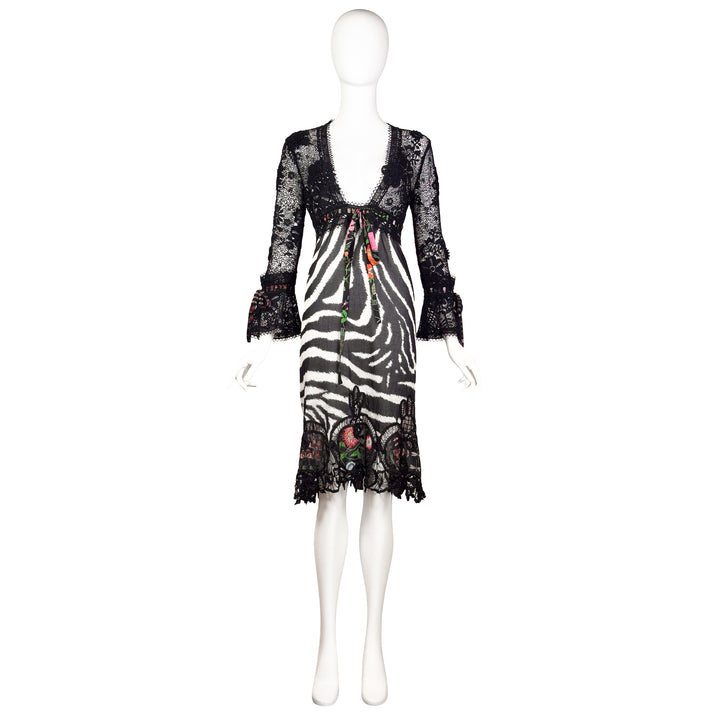 VINTAGE FRIDA GIANNINI FOR GUCCI CRUISE 2006 BLACK LACE CROCHET ZEBRA DRESS