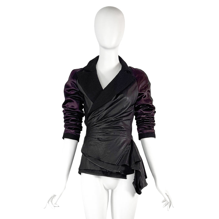 VINTAGE HAIDER ACKERMANN AW 2011 AUBERGINE SATIN & BLACK LEATHER JACKET