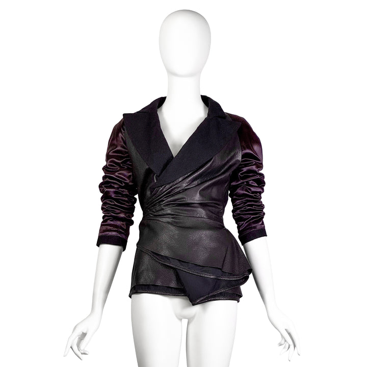 VINTAGE HAIDER ACKERMANN AW 2011 AUBERGINE SATIN & BLACK LEATHER JACKET