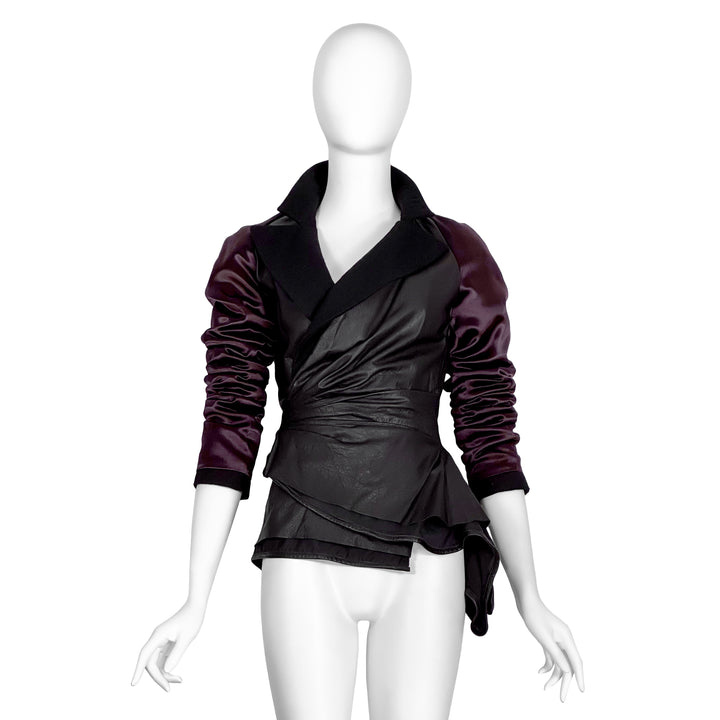VINTAGE HAIDER ACKERMANN AW 2011 AUBERGINE SATIN & BLACK LEATHER JACKET