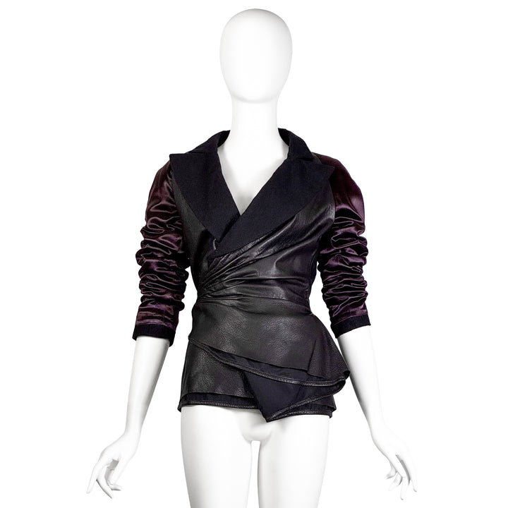 VINTAGE HAIDER ACKERMANN AW 2011 AUBERGINE SATIN & BLACK LEATHER JACKET
