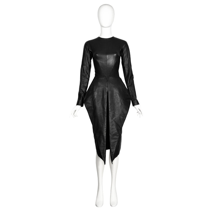 VINTAGE HAIDER ACKERMANN AW 2012 BLACK LEATHER ORIGAMI DRESS